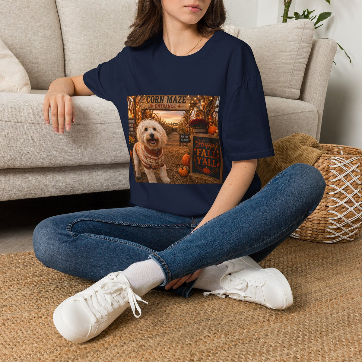 Happy Fall Y'all | Maddie's Corn Maze Adventure™ | Cozy Autumn Dog Lover T-Shirt | Fall Festival Shirt