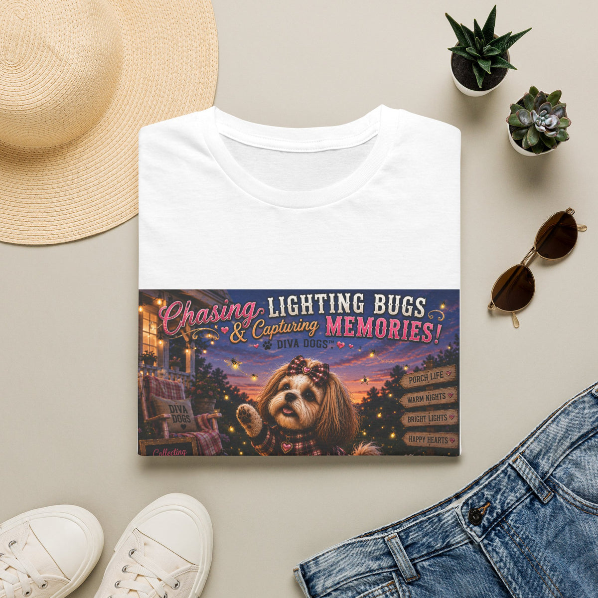 Chasing Lightning Bugs & Capturing Memories!™ | Diva Dogs™ | Cozy Fall Dog Lover T-Shirt | Porch Life Collection