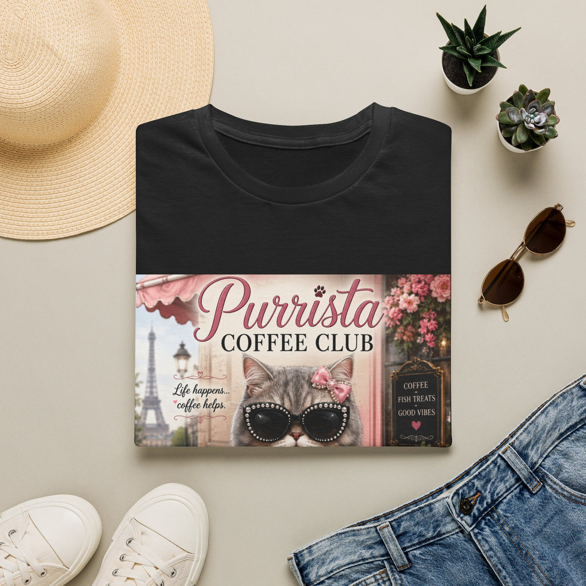 Purrista Coffee Club | Classy Cats™ T-Shirt | Funny Coffee Cat Shirt | Cat Mom Gift | Paris Café Cat Tee | Coffee Lover Apparel