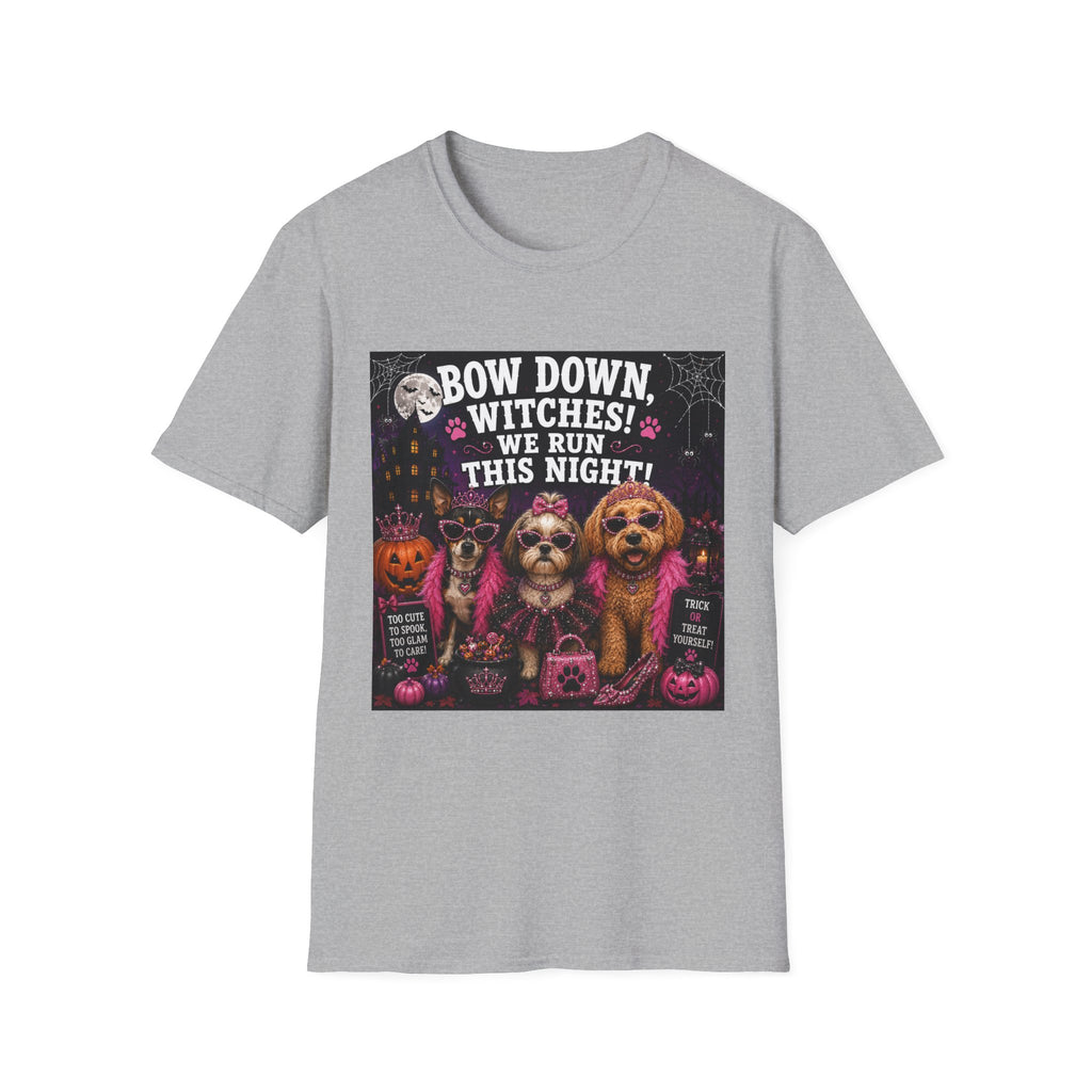 Funny Halloween Dog Shirt – Bow Down, Witches! We Run This Night! | Diva Dogs™ Halloween T-Shirt | Glam Dog Lover Tee | Dog Mom Gift