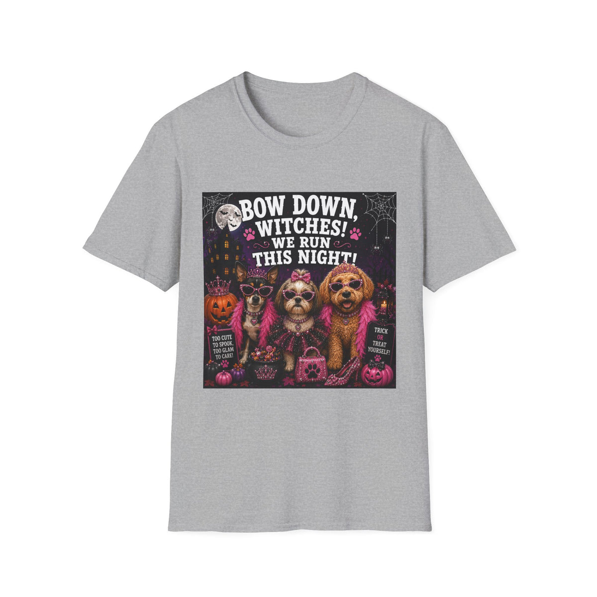 Funny Halloween Dog Shirt – Bow Down, Witches! We Run This Night! | Diva Dogs™ Halloween T-Shirt | Glam Dog Lover Tee | Dog Mom Gift
