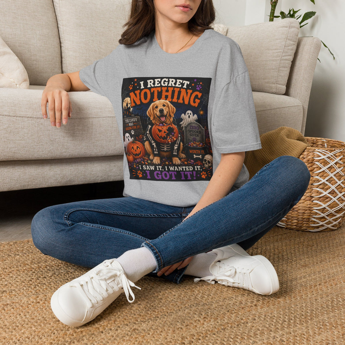 Funny Halloween Dog Shirt – I Regret Nothing | Skeleton Hoodie Dog T-Shirt | Cute Halloween Dog Lover Tee | Fall Graphic Shirt | Dog Mom Gift