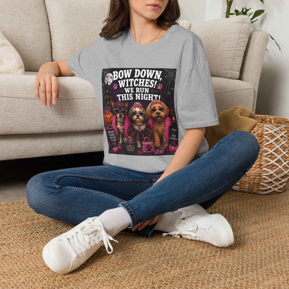 Funny Halloween Dog Shirt – Bow Down, Witches! We Run This Night! | Diva Dogs™ Halloween T-Shirt | Glam Dog Lover Tee | Dog Mom Gift