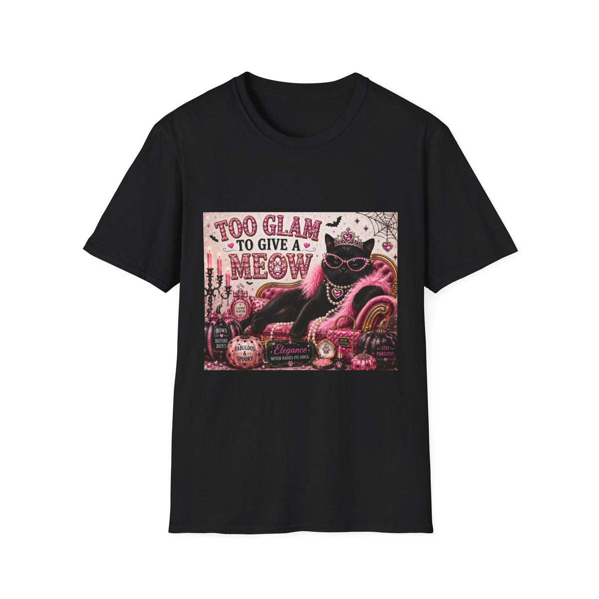 Too Glam to Give a Meow | Classy Cats™ Halloween T-Shirt | Funny Black Cat Shirt | Cat Mom Gift | Glam Cat Lover Tee | Halloween Apparel