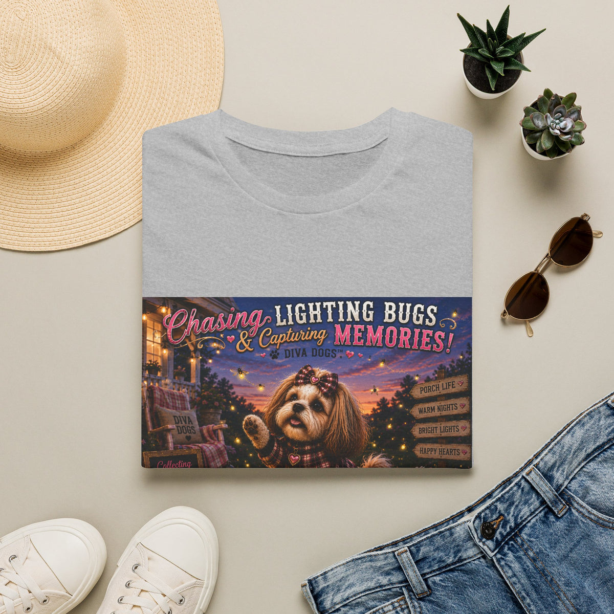 Chasing Lightning Bugs & Capturing Memories!™ | Diva Dogs™ | Cozy Fall Dog Lover T-Shirt | Porch Life Collection