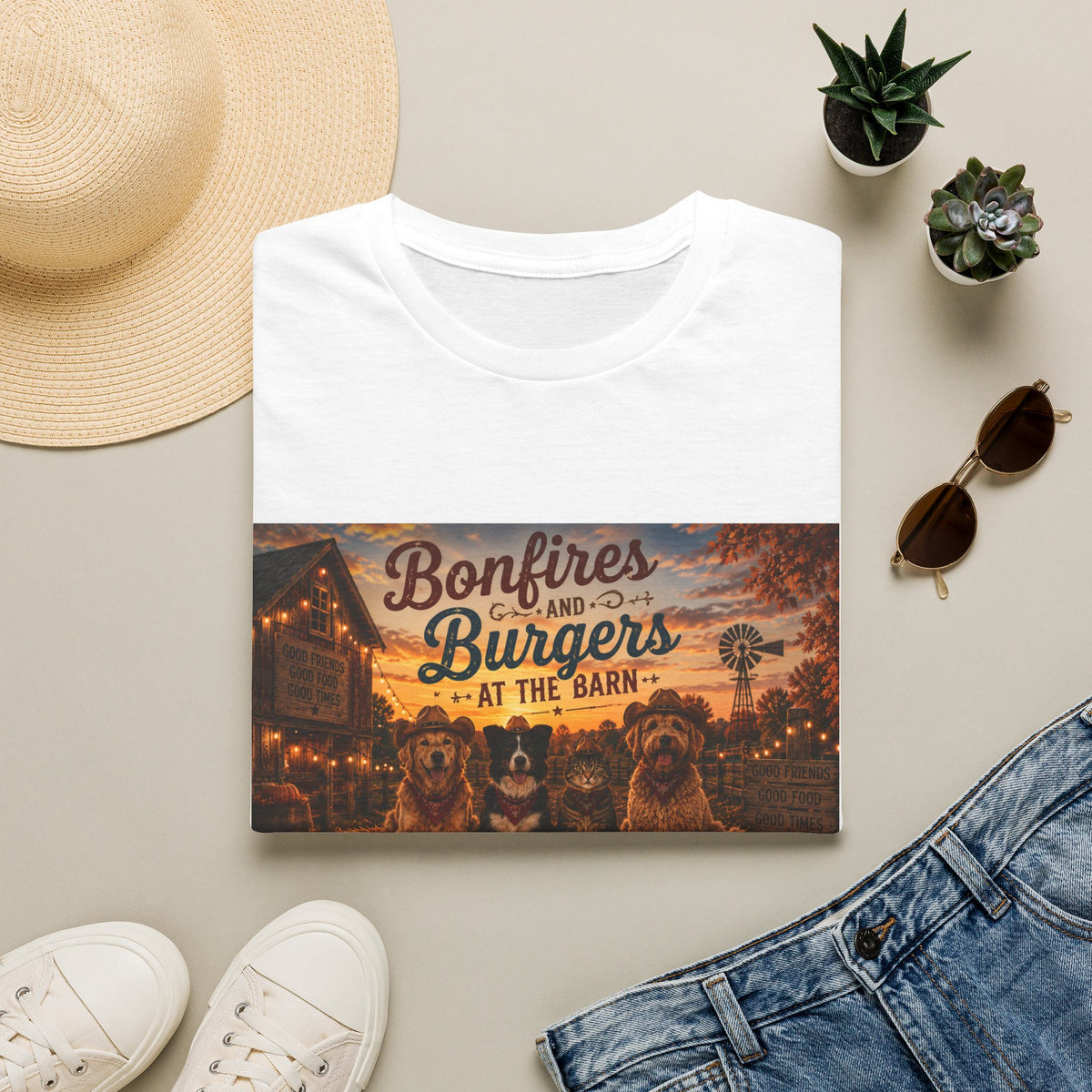 Bonfires & Burgers at the Barn | Barn Buddies™ Fall T-Shirt | Funny Country Dog & Cat Autumn Shirt | Farmhouse Bonfire Tee