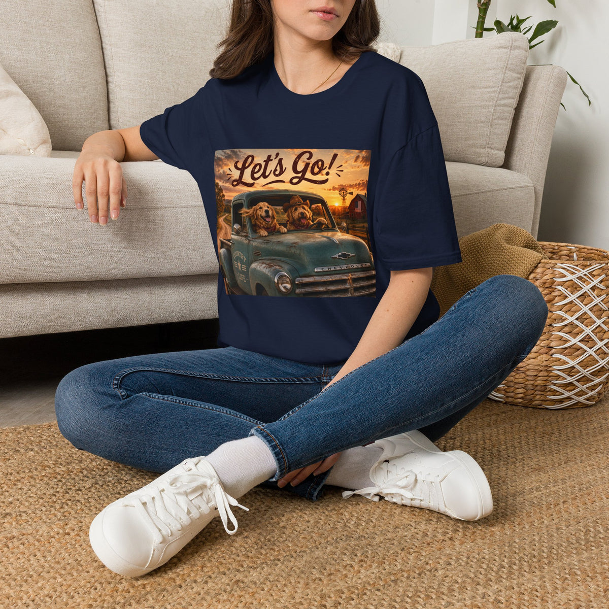 Let's Go! | Barn Buddies™ Country Roads T-Shirt | Funny Farm Dog Road Trip Shirt | Vintage Chevy Country Life Tee