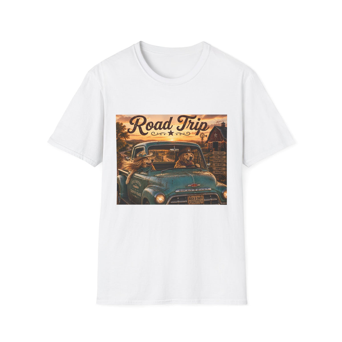 Road Trip | Barn Buddies™ Country Roads T-Shirt | Funny Cowboy Dog Fall Shirt | Vintage Farmhouse Country Life Tee