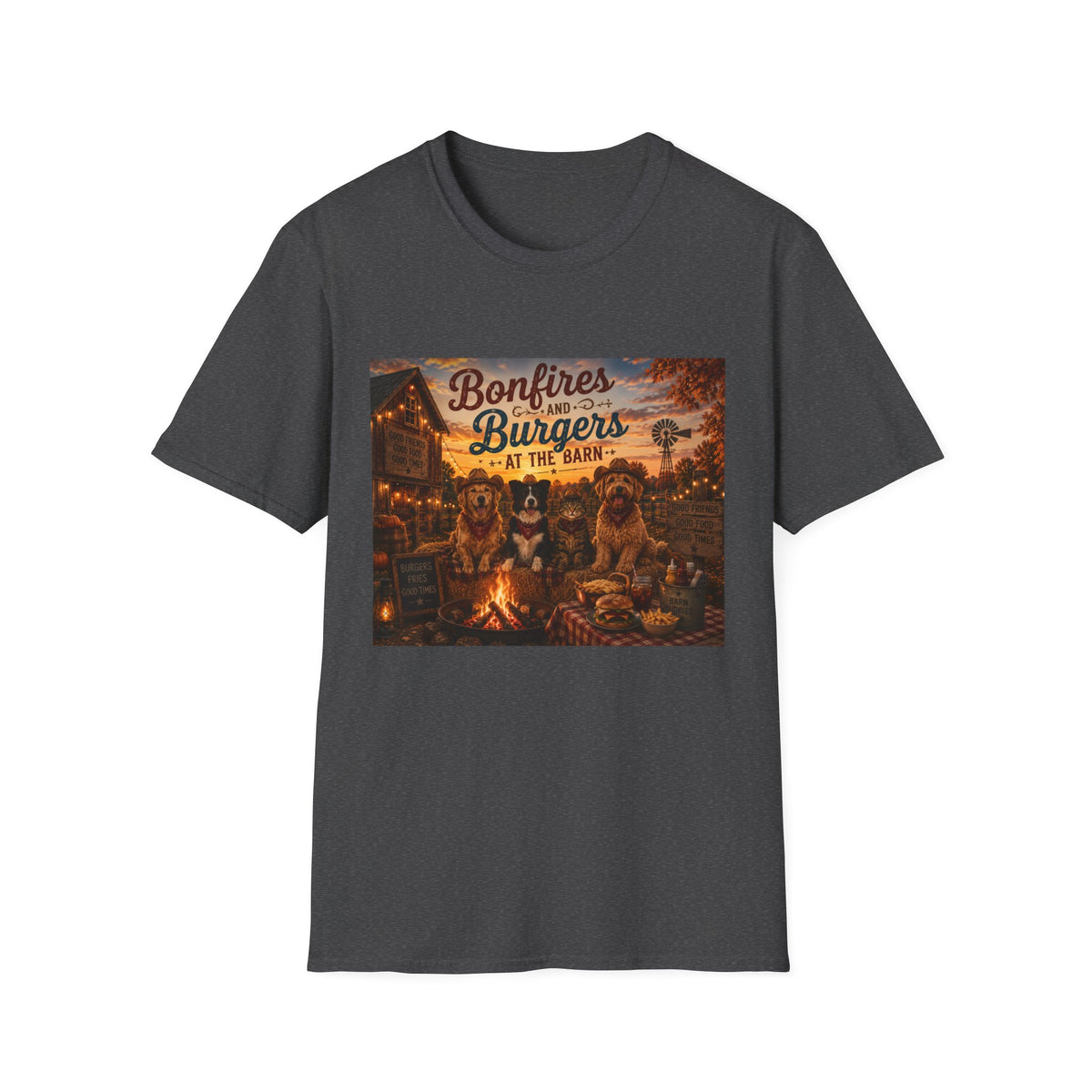 Bonfires & Burgers at the Barn | Barn Buddies™ Fall T-Shirt | Funny Country Dog & Cat Autumn Shirt | Farmhouse Bonfire Tee