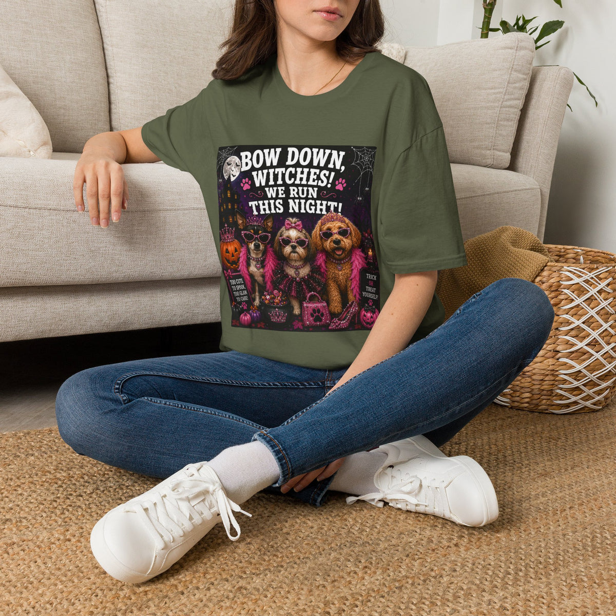 Funny Halloween Dog Shirt – Bow Down, Witches! We Run This Night! | Diva Dogs™ Halloween T-Shirt | Glam Dog Lover Tee | Dog Mom Gift