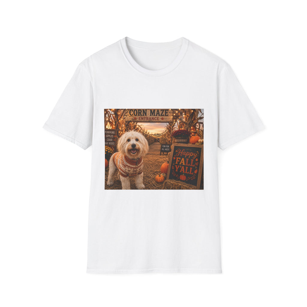 Happy Fall Y'all | Maddie's Corn Maze Adventure™ | Cozy Autumn Dog Lover T-Shirt | Fall Festival Shirt
