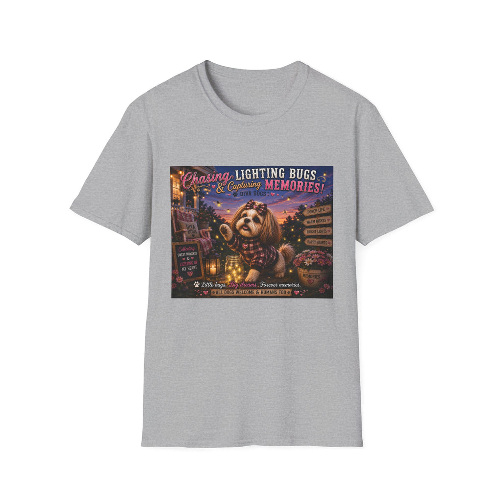 Chasing Lightning Bugs & Capturing Memories!™ | Diva Dogs™ | Cozy Fall Dog Lover T-Shirt | Porch Life Collection