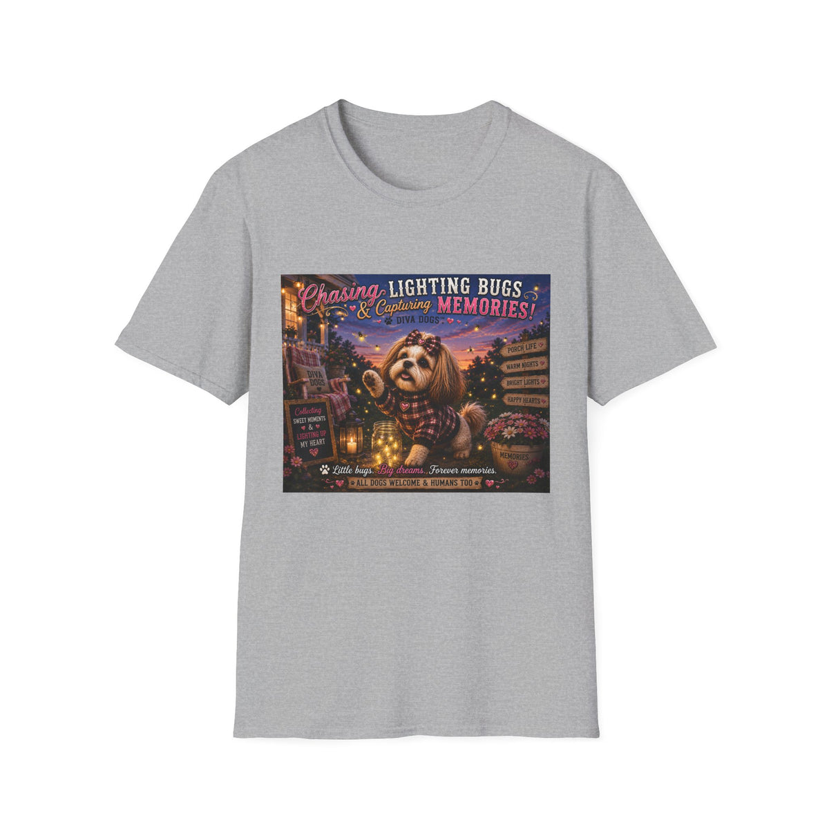 Chasing Lightning Bugs & Capturing Memories!™ | Diva Dogs™ | Cozy Fall Dog Lover T-Shirt | Porch Life Collection