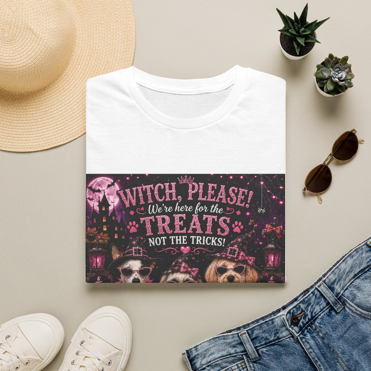 Funny Halloween Dog Shirt – Witch, Please! We're Here for the Treats, Not the Tricks! | Diva Dogs™ Halloween T-Shirt | Glam Dog Lover Tee | Dog Mom Gift