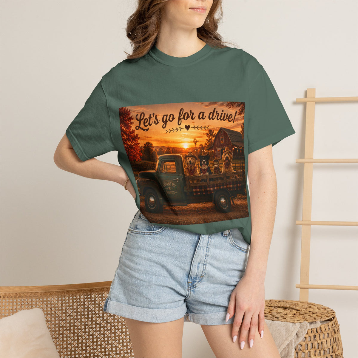 Let's Go for a Drive! | Barn Buddies™ Country Roads T-Shirt | Funny Dog & Cat Fall Shirt | Vintage Farmhouse Autumn Tee