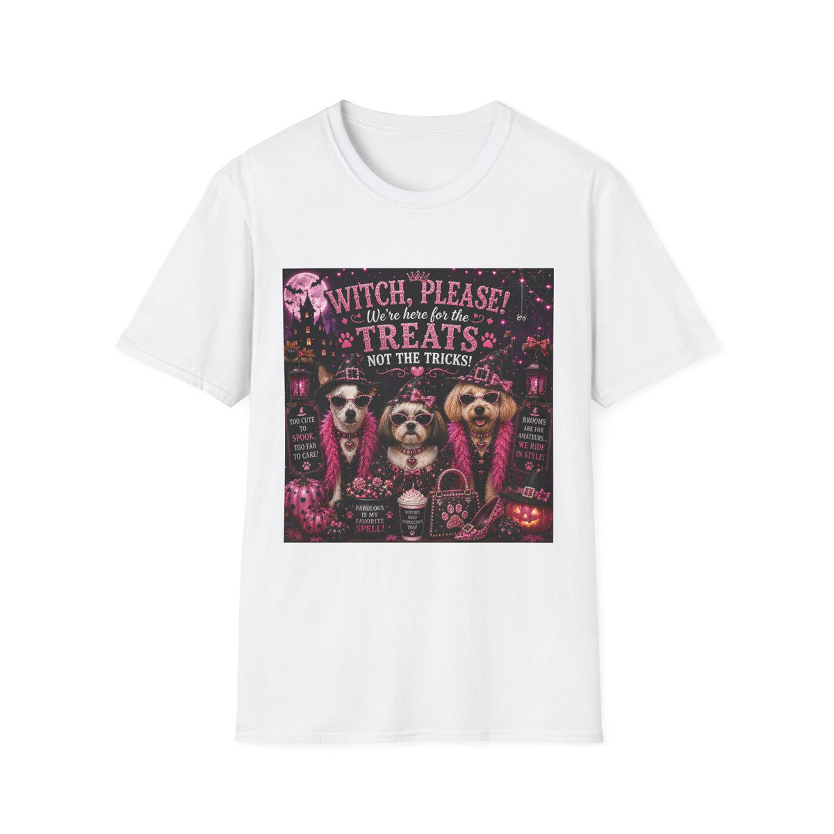 Funny Halloween Dog Shirt – Witch, Please! We're Here for the Treats, Not the Tricks! | Diva Dogs™ Halloween T-Shirt | Glam Dog Lover Tee | Dog Mom Gift