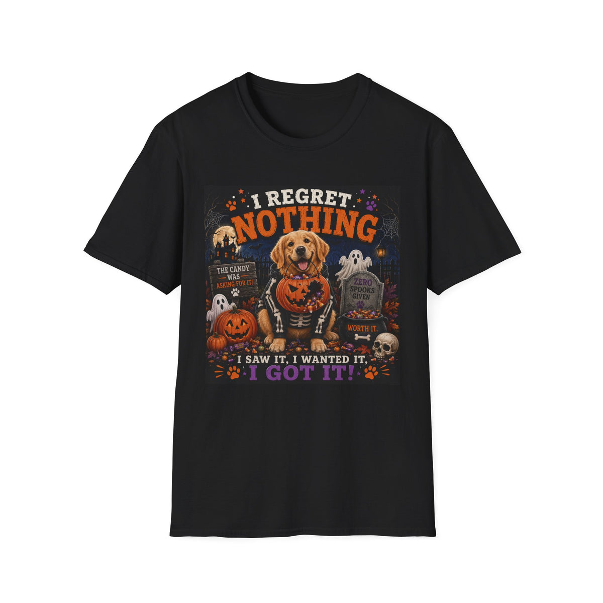 Funny Halloween Dog Shirt – I Regret Nothing | Skeleton Hoodie Dog T-Shirt | Cute Halloween Dog Lover Tee | Fall Graphic Shirt | Dog Mom Gift