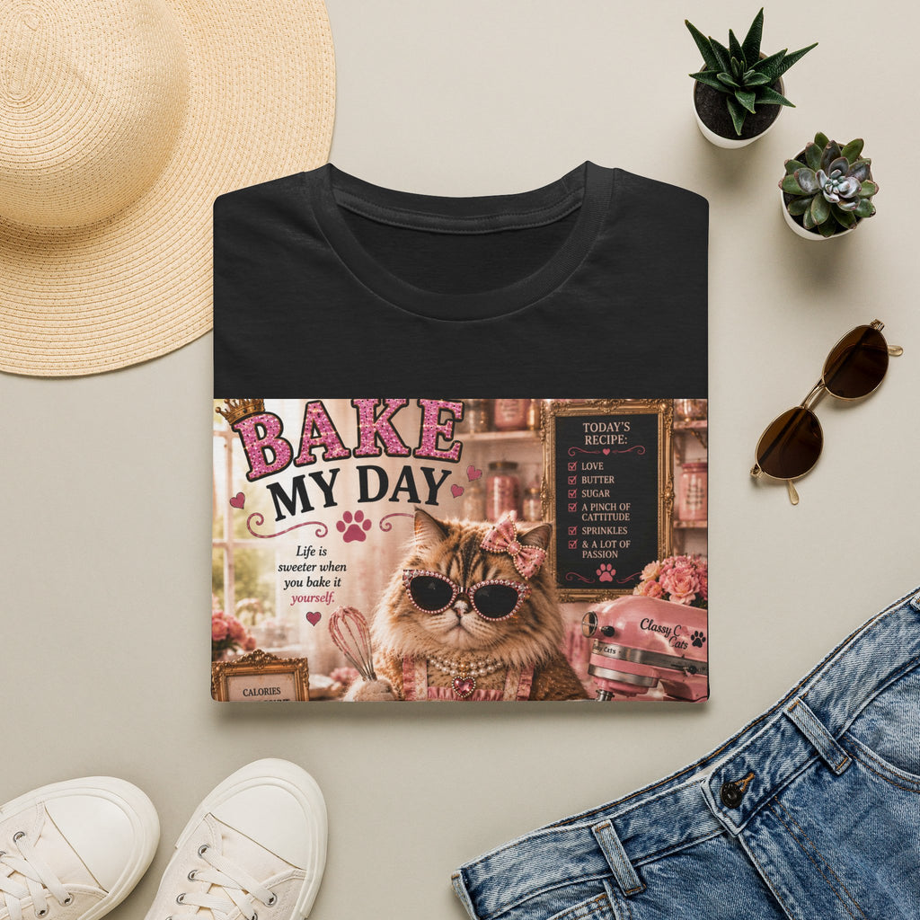 Bake My Day | Classy Cats™ T-Shirt | Funny Baking Cat Shirt | Baker Gift | Cat Mom Tee | Cupcake Lover & Kitchen Apparel
