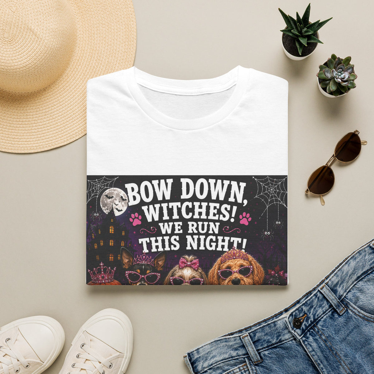 Funny Halloween Dog Shirt – Bow Down, Witches! We Run This Night! | Diva Dogs™ Halloween T-Shirt | Glam Dog Lover Tee | Dog Mom Gift