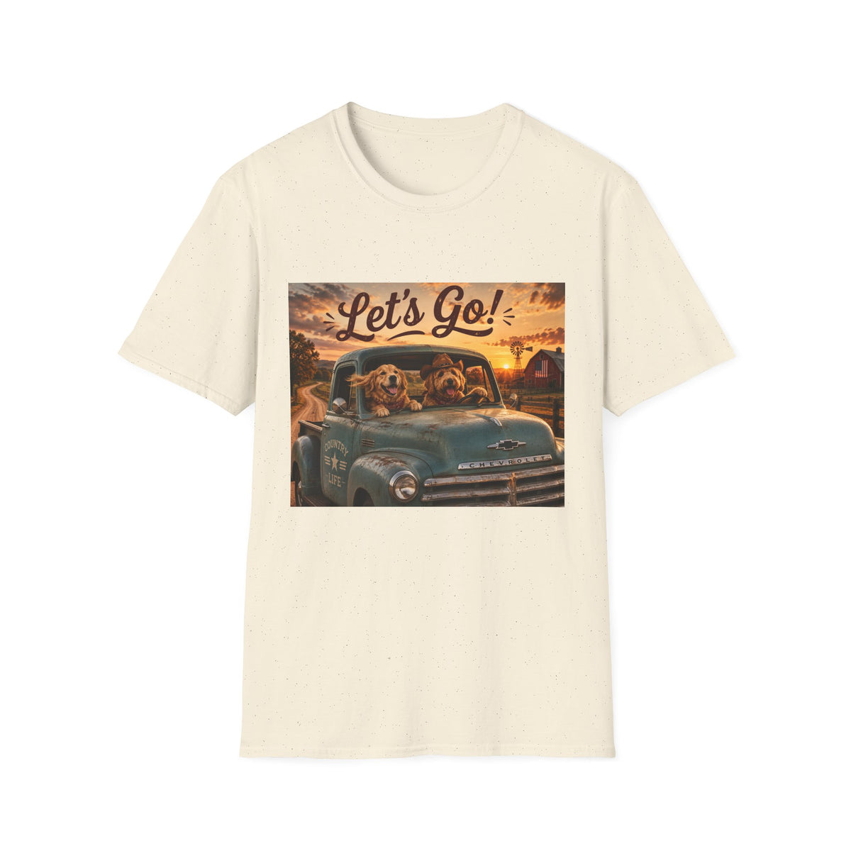 Let's Go! | Barn Buddies™ Country Roads T-Shirt | Funny Farm Dog Road Trip Shirt | Vintage Chevy Country Life Tee