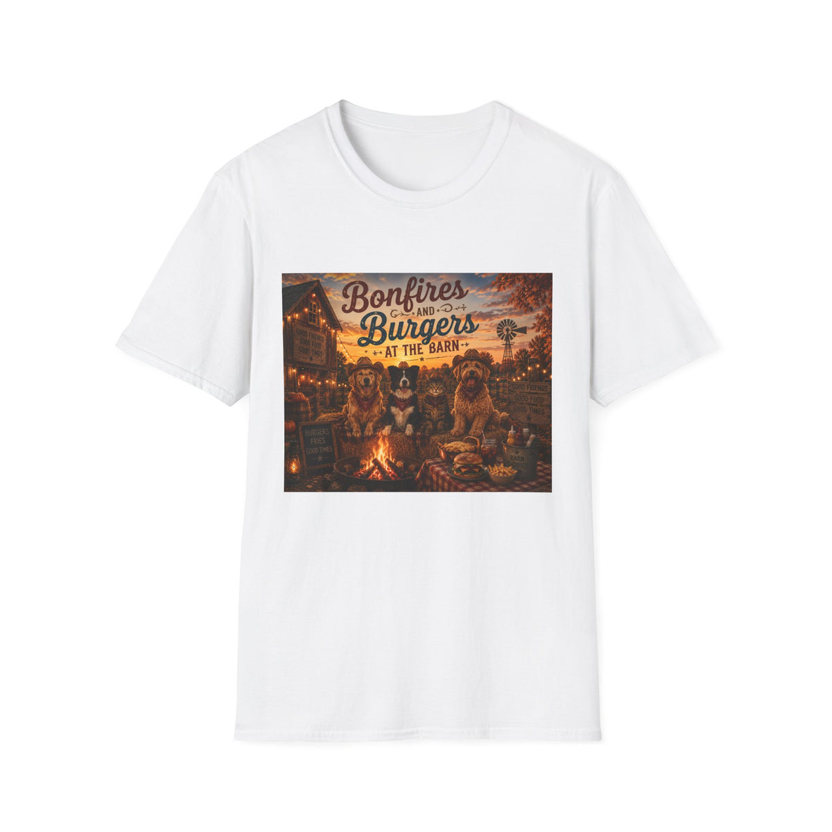 Bonfires & Burgers at the Barn | Barn Buddies™ Fall T-Shirt | Funny Country Dog & Cat Autumn Shirt | Farmhouse Bonfire Tee