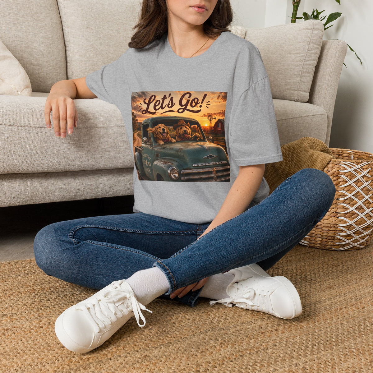Let's Go! | Barn Buddies™ Country Roads T-Shirt | Funny Farm Dog Road Trip Shirt | Vintage Chevy Country Life Tee