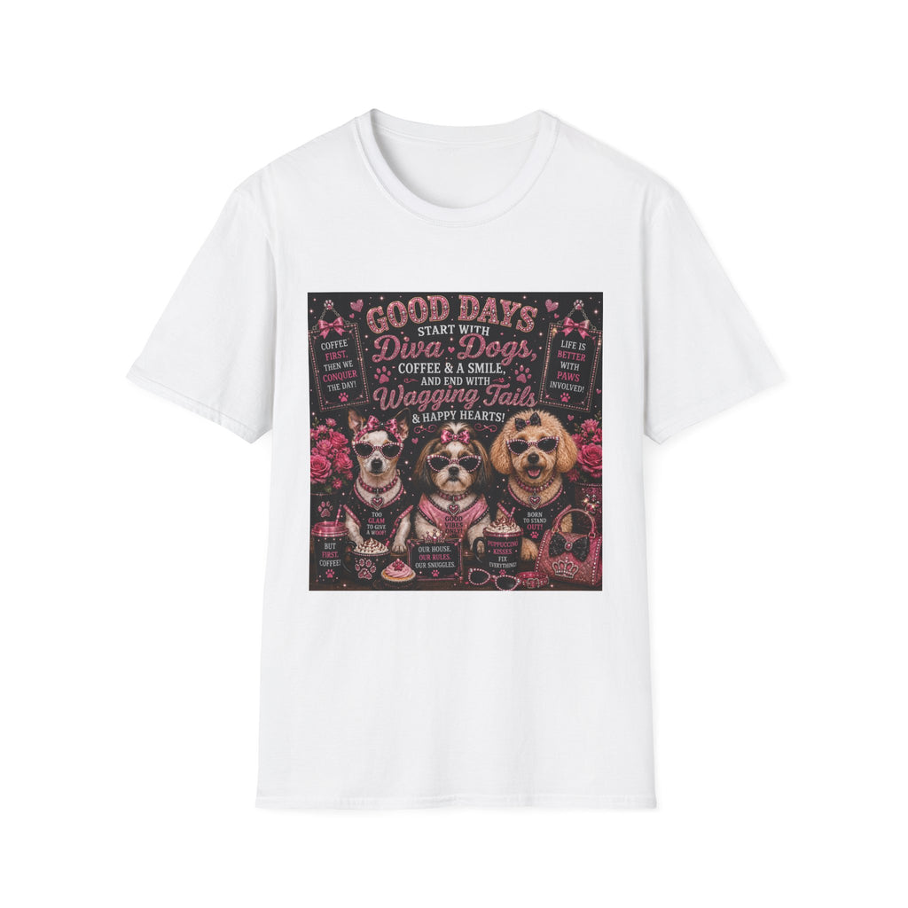 Good Days Start with Diva Dogs, Coffee & a Smile! | Diva Dogs™ Coffee Lover T-Shirt | Cute Dog Mom Shirt | Glam Dog Lover Tee | Everyday Pet Gift