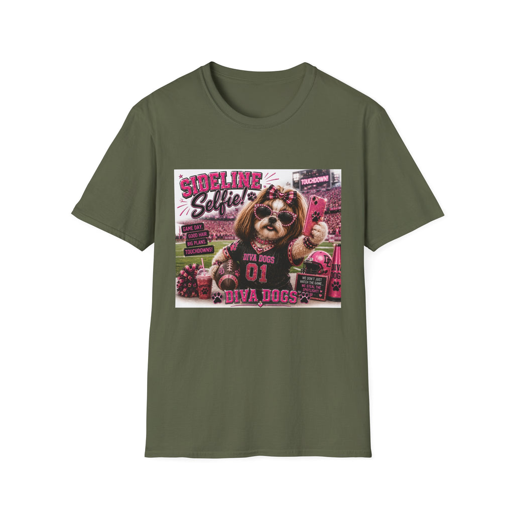 Sideline Selfie!™ | Diva Dogs™ | Funny Football Dog Lover T-Shirt | Glam Game Day Selfie Tee