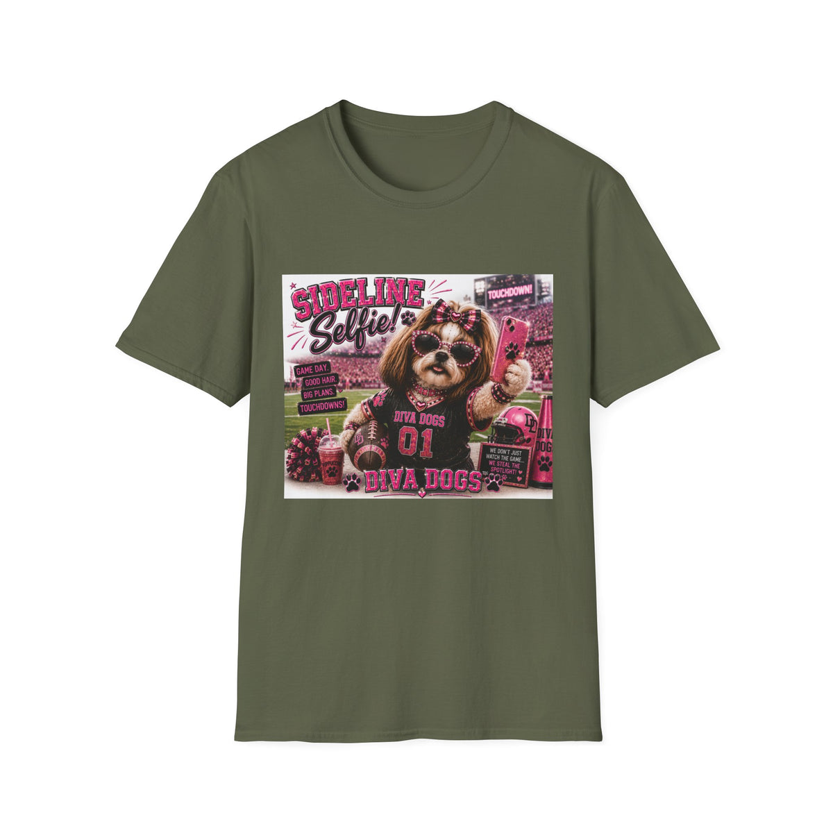 Sideline Selfie!™ | Diva Dogs™ | Funny Football Dog Lover T-Shirt | Glam Game Day Selfie Tee