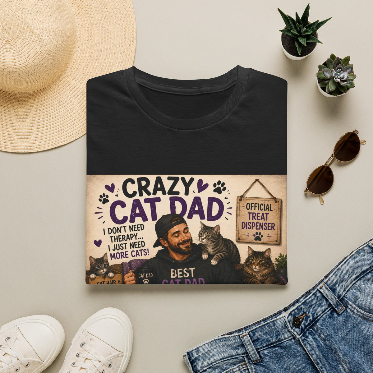 Crazy Cat Dad T-Shirt – "I Don't Need Therapy, I Just Need More Cats" Cat Lover Tee