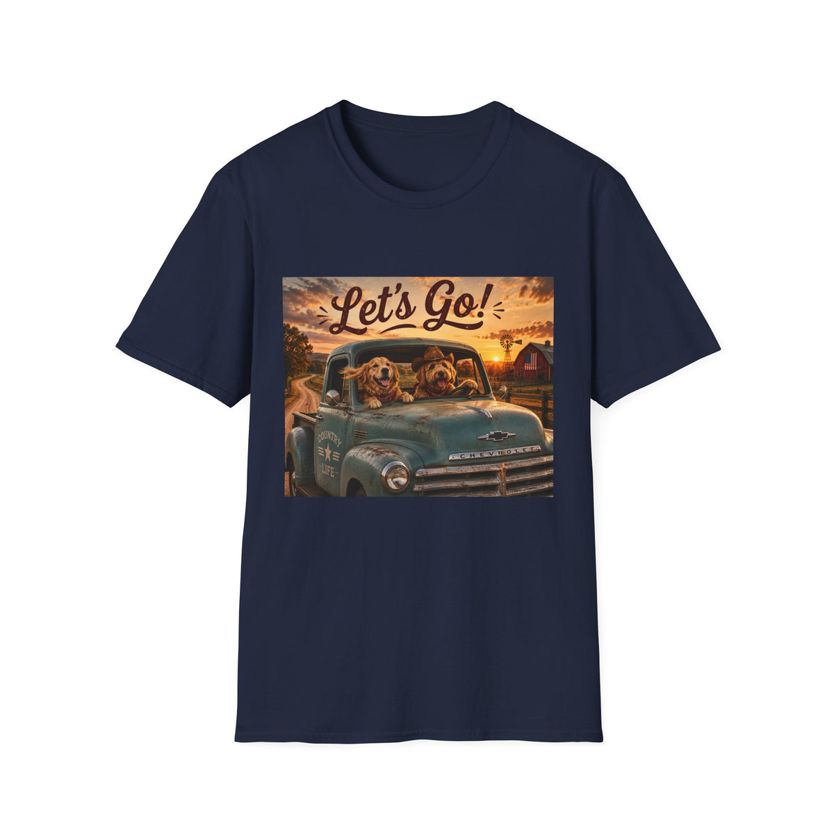 Let's Go! | Barn Buddies™ Country Roads T-Shirt | Funny Farm Dog Road Trip Shirt | Vintage Chevy Country Life Tee