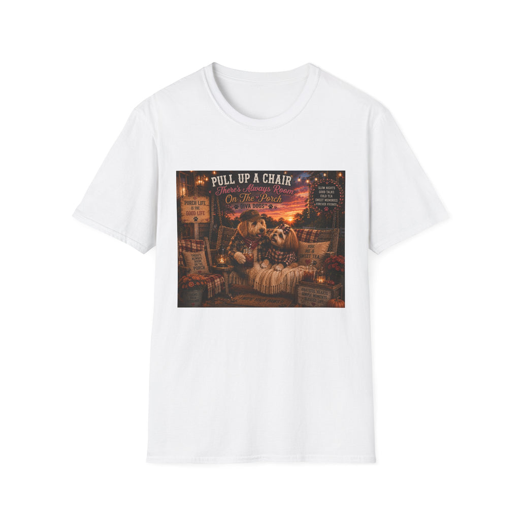 Pull up a chair™ | Porch Dogs™ Collection | Cozy Country Dog Lover T-Shirt