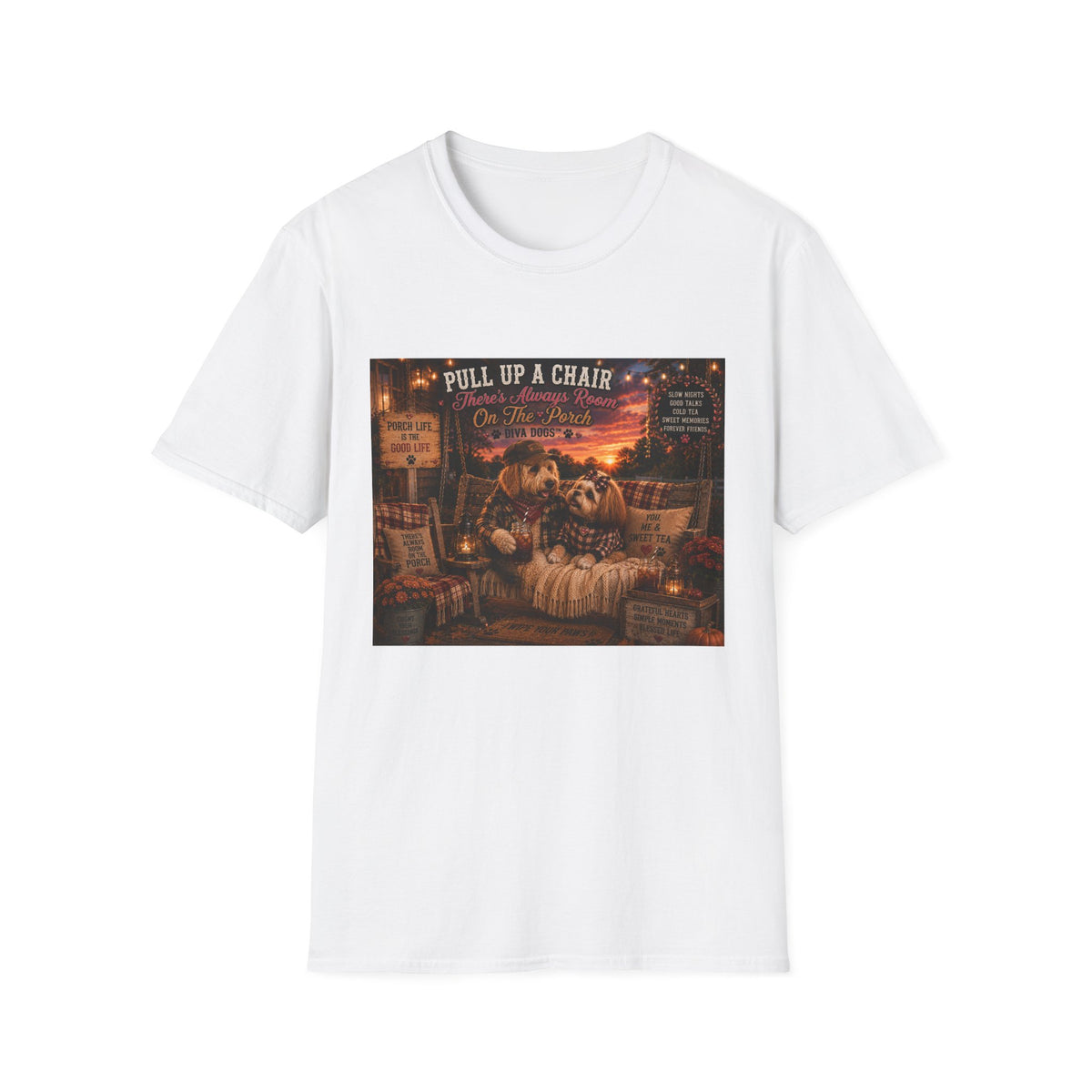 Pull up a chair™ | Porch Dogs™ Collection | Cozy Country Dog Lover T-Shirt