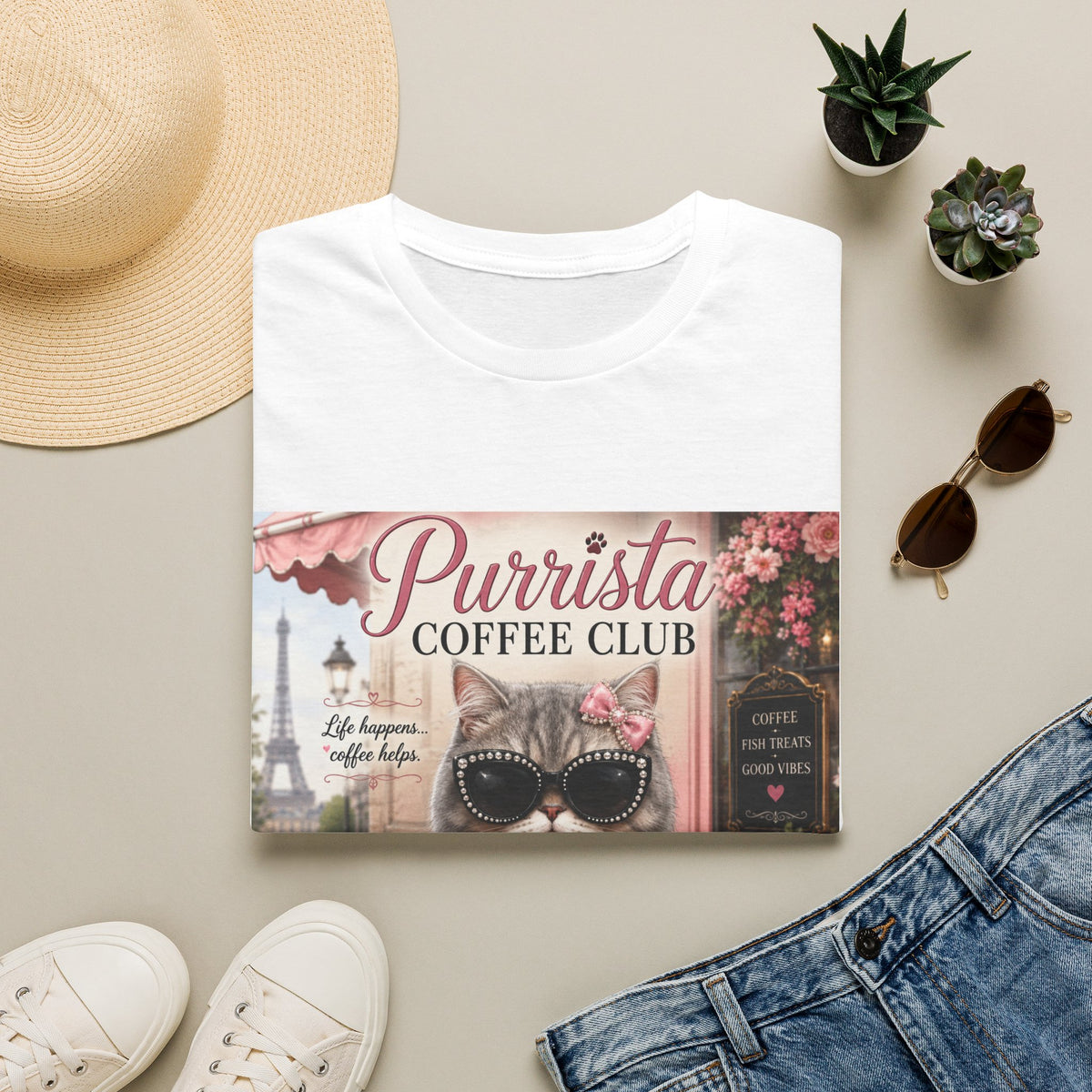 Purrista Coffee Club | Classy Cats™ T-Shirt | Funny Coffee Cat Shirt | Cat Mom Gift | Paris Café Cat Tee | Coffee Lover Apparel