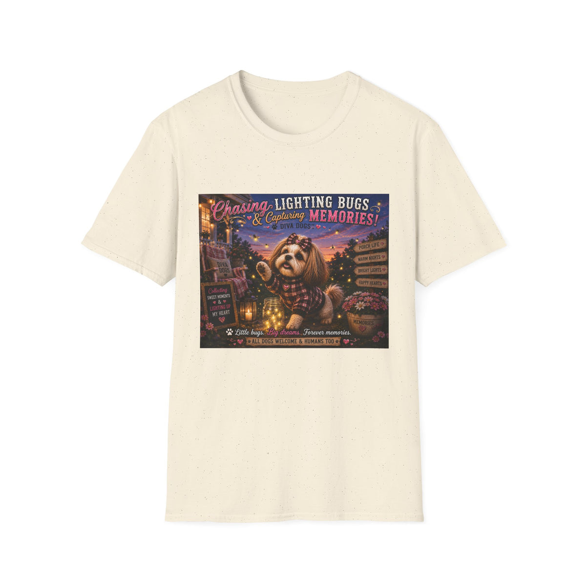 Chasing Lightning Bugs & Capturing Memories!™ | Diva Dogs™ | Cozy Fall Dog Lover T-Shirt | Porch Life Collection