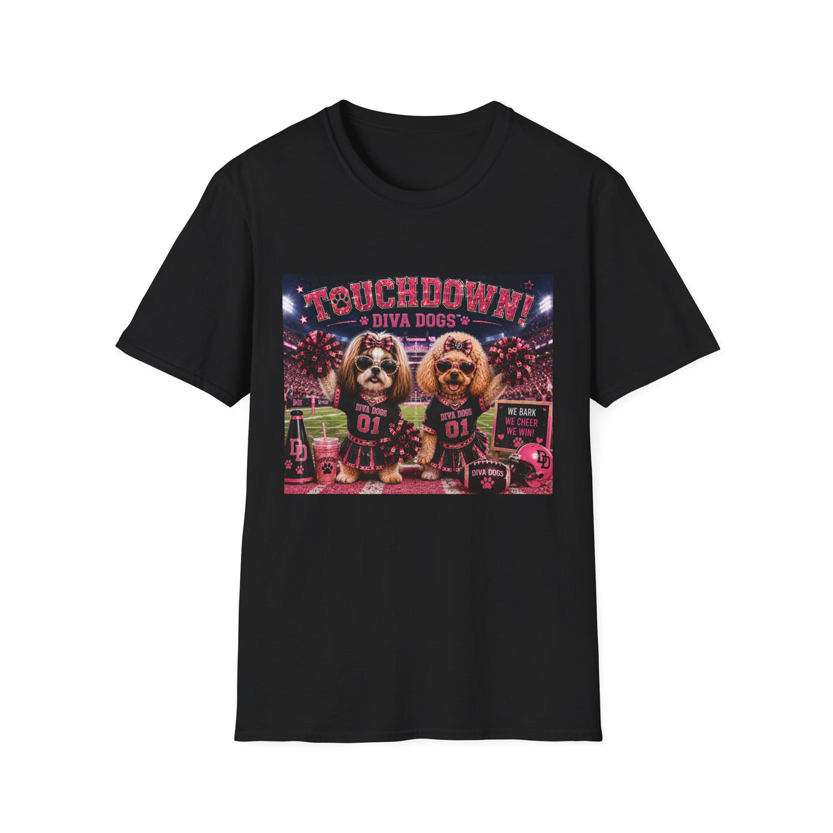 We Bark. We Cheer. We Win!™ | Diva Dogs™ | Football Game Day Dog Lover T-Shirt | Stadium Spirit Edition