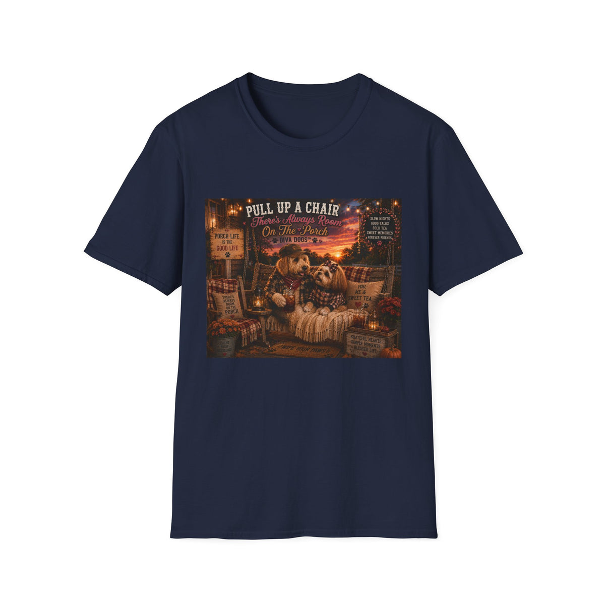 Pull up a chair™ | Porch Dogs™ Collection | Cozy Country Dog Lover T-Shirt
