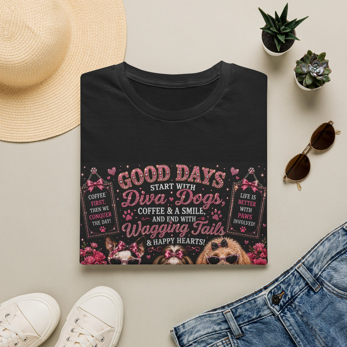 Good Days Start with Diva Dogs, Coffee & a Smile! | Diva Dogs™ Coffee Lover T-Shirt | Cute Dog Mom Shirt | Glam Dog Lover Tee | Everyday Pet Gift