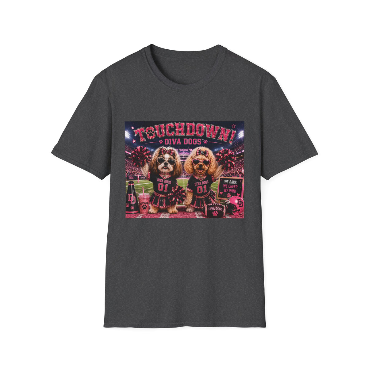 We Bark. We Cheer. We Win!™ | Diva Dogs™ | Football Game Day Dog Lover T-Shirt | Stadium Spirit Edition