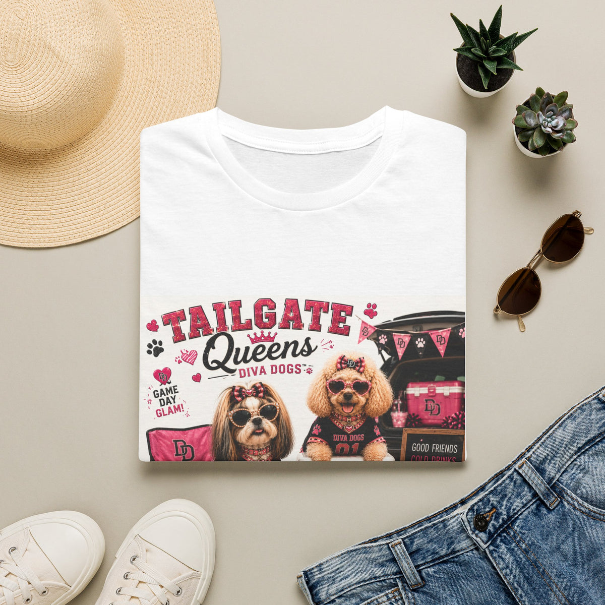 Tailgate Queens™ | Diva Dogs™ | Football Game Day Dog Lover T-Shirt | Glam Tailgate Party Tee