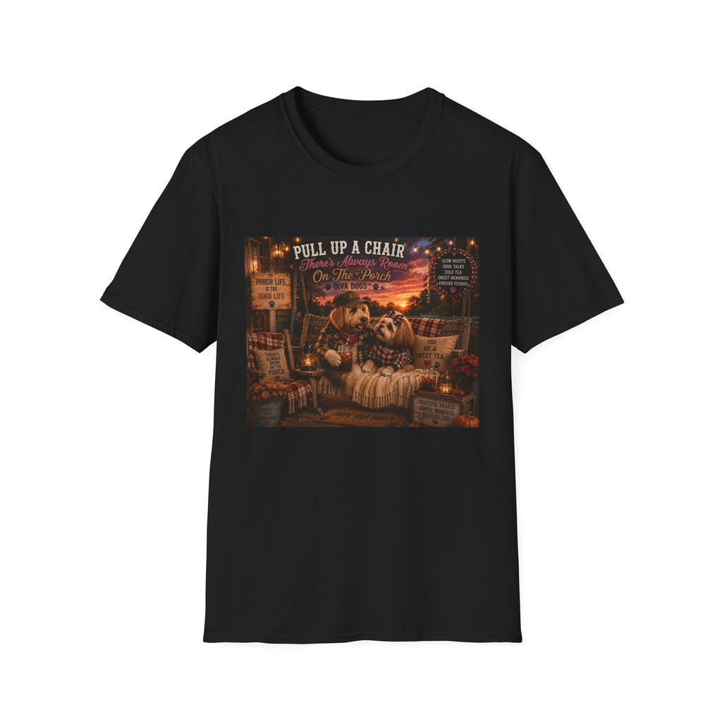Pull up a chair™ | Porch Dogs™ Collection | Cozy Country Dog Lover T-Shirt