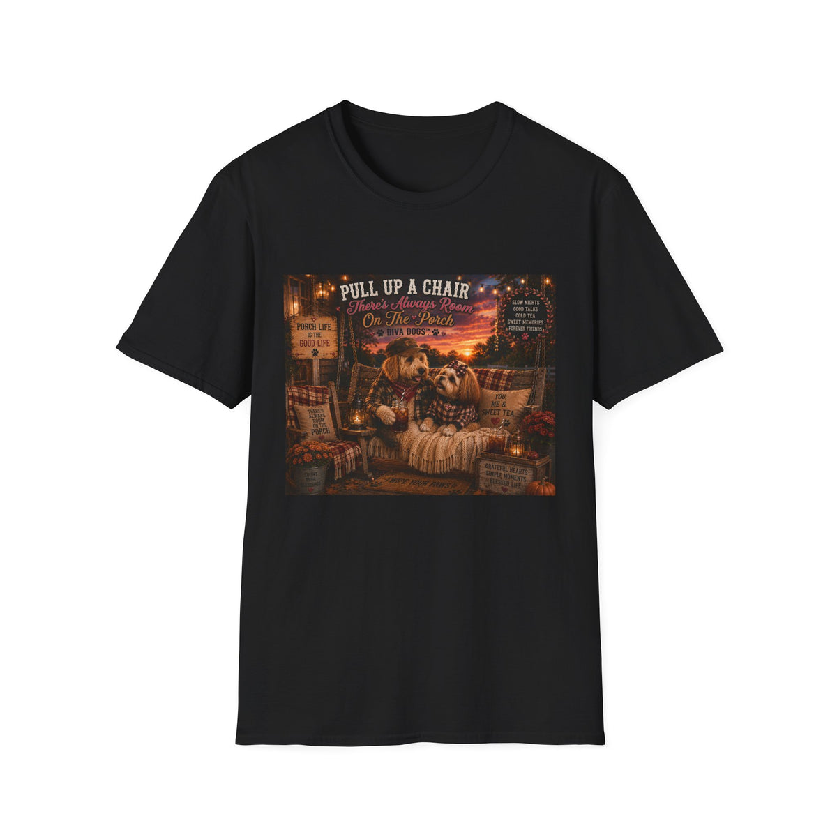Pull up a chair™ | Porch Dogs™ Collection | Cozy Country Dog Lover T-Shirt