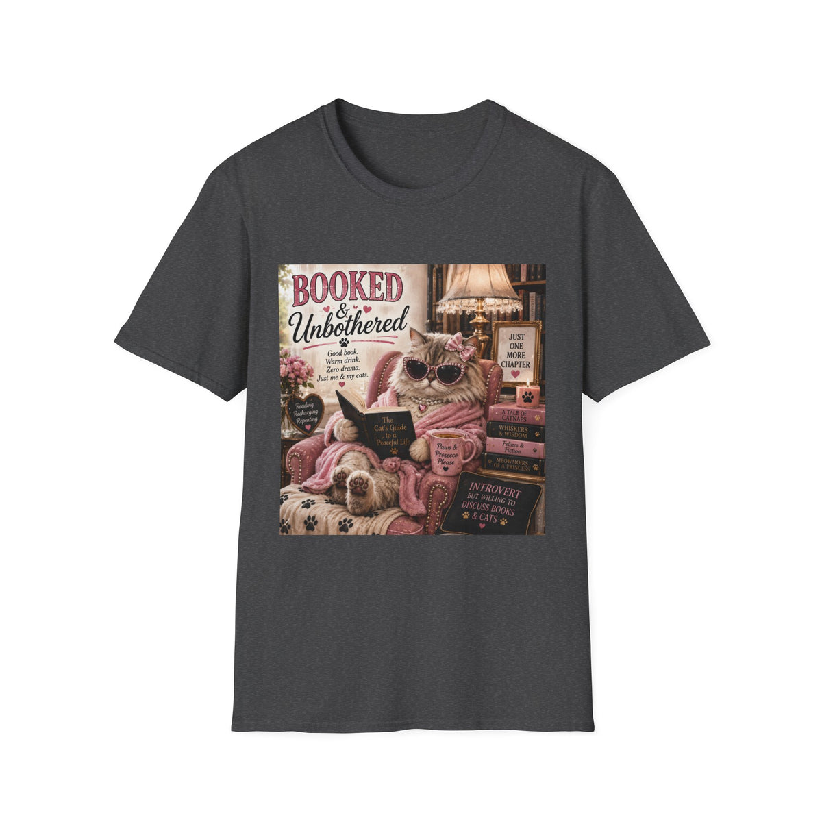 Booked & Unbothered | Classy Cats™ T-Shirt | Funny Reading Cat Shirt | Book Lover Gift | Cat Mom Tee | Cozy Reader Apparel