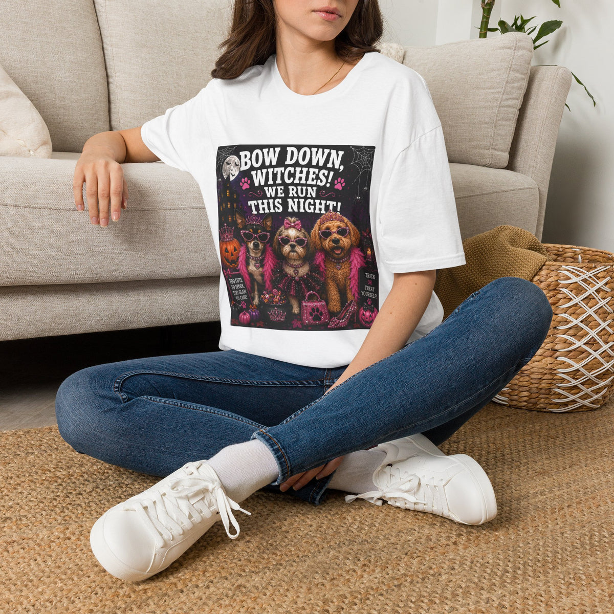 Funny Halloween Dog Shirt – Bow Down, Witches! We Run This Night! | Diva Dogs™ Halloween T-Shirt | Glam Dog Lover Tee | Dog Mom Gift