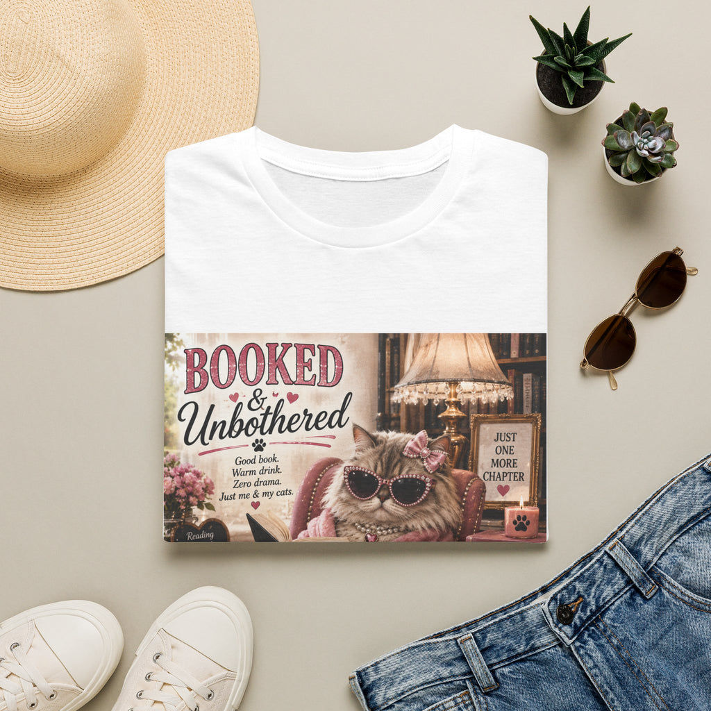 Booked & Unbothered | Classy Cats™ T-Shirt | Funny Reading Cat Shirt | Book Lover Gift | Cat Mom Tee | Cozy Reader Apparel