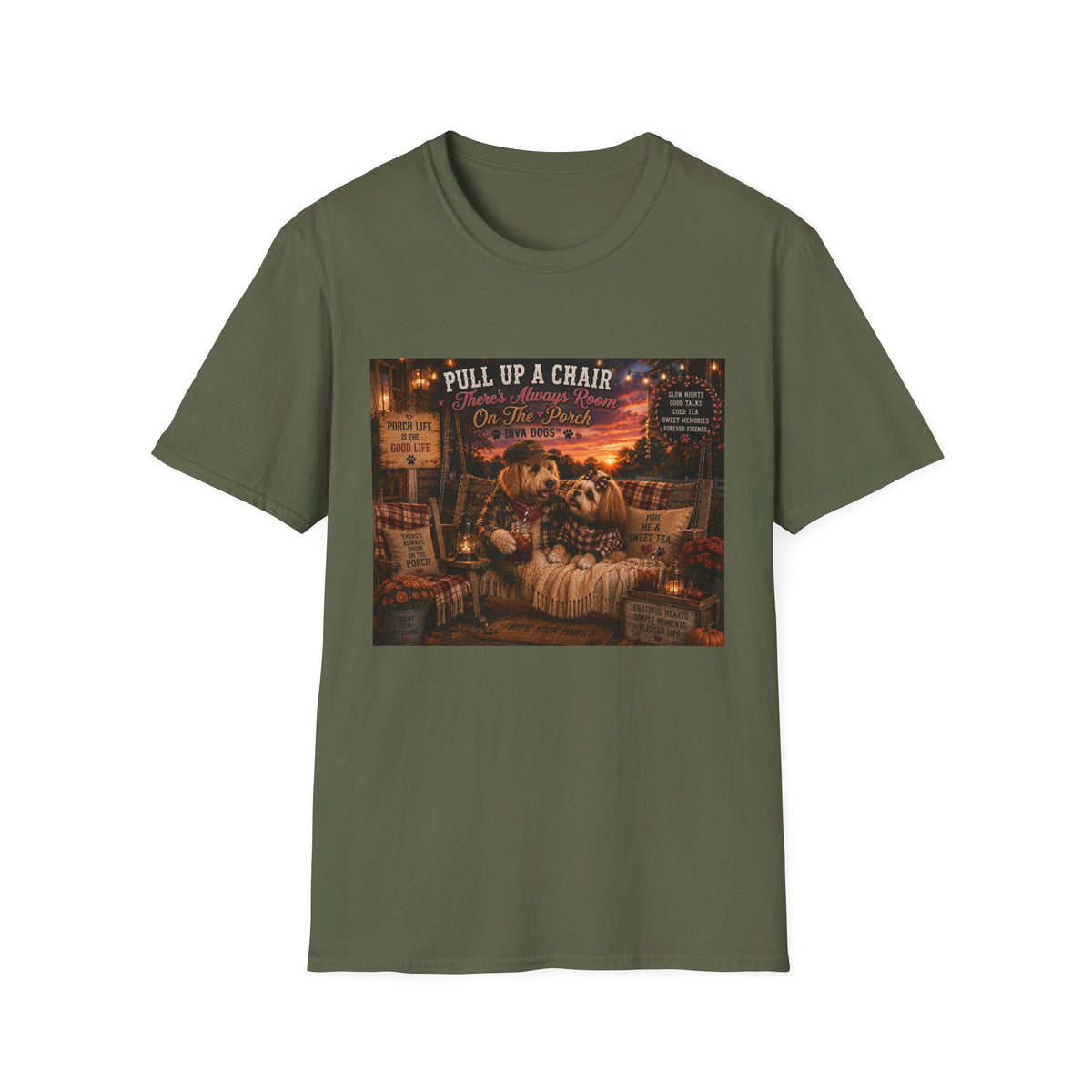 Pull up a chair™ | Porch Dogs™ Collection | Cozy Country Dog Lover T-Shirt