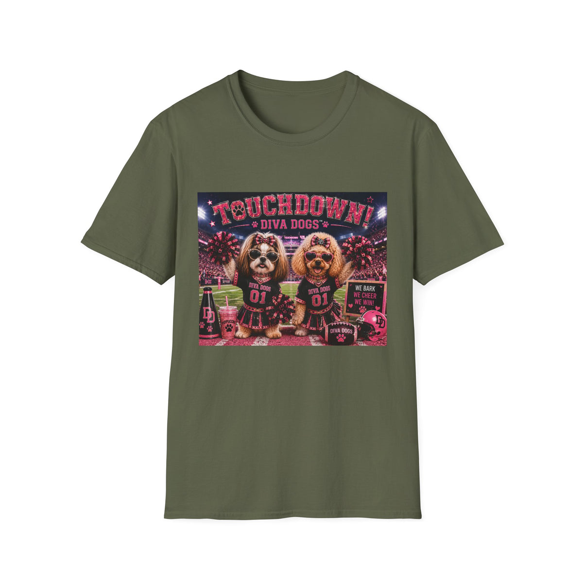We Bark. We Cheer. We Win!™ | Diva Dogs™ | Football Game Day Dog Lover T-Shirt | Stadium Spirit Edition