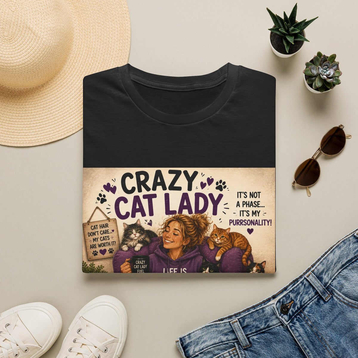 Crazy Cat Lady T-Shirt — "It's Not a Phase, It's My Purrsonality" Cat Mom Tee