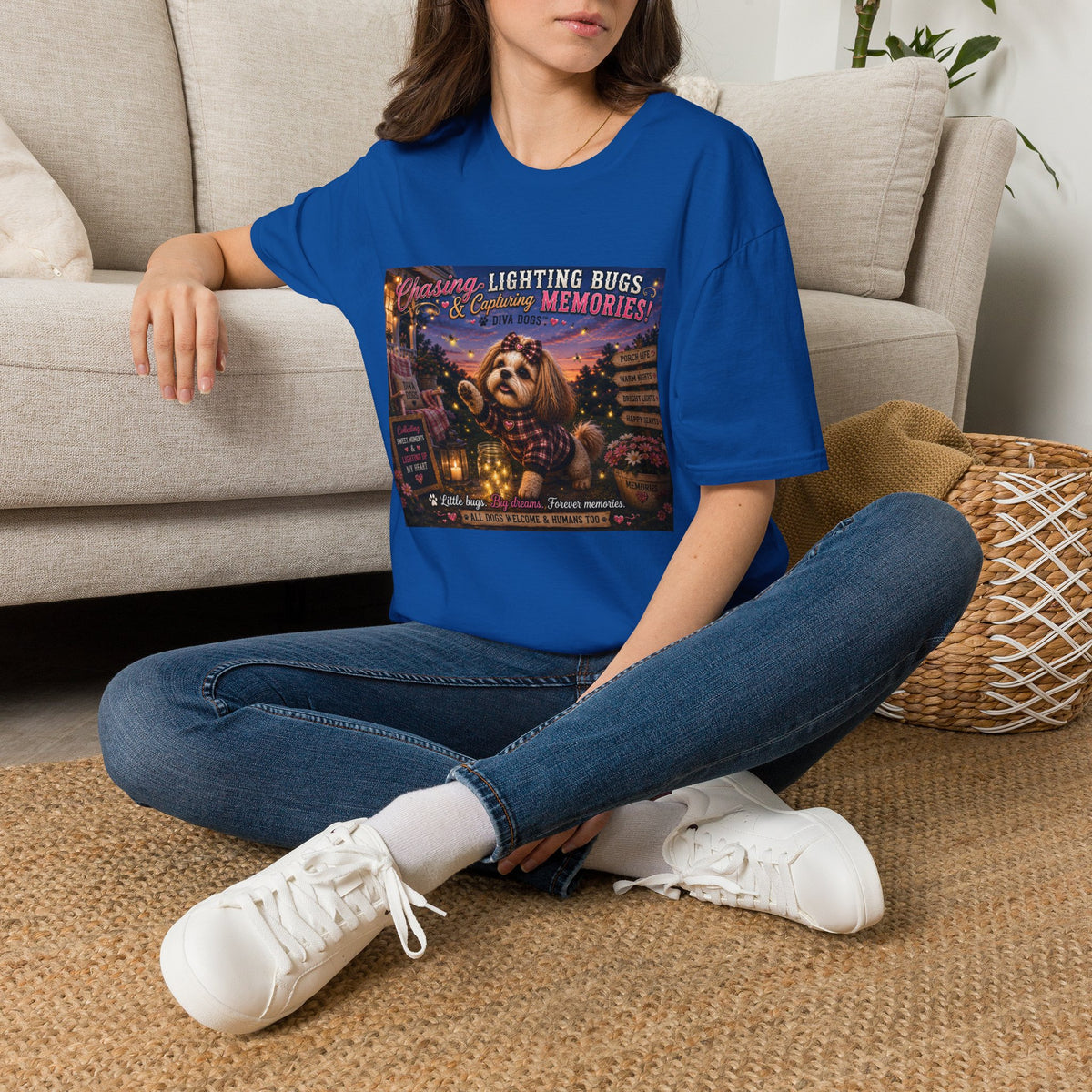 Chasing Lightning Bugs & Capturing Memories!™ | Diva Dogs™ | Cozy Fall Dog Lover T-Shirt | Porch Life Collection