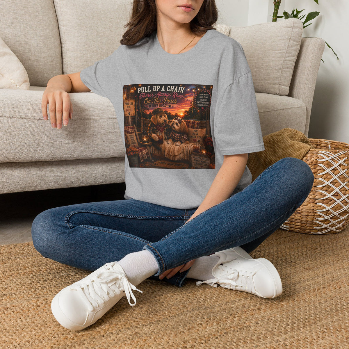 Pull up a chair™ | Porch Dogs™ Collection | Cozy Country Dog Lover T-Shirt